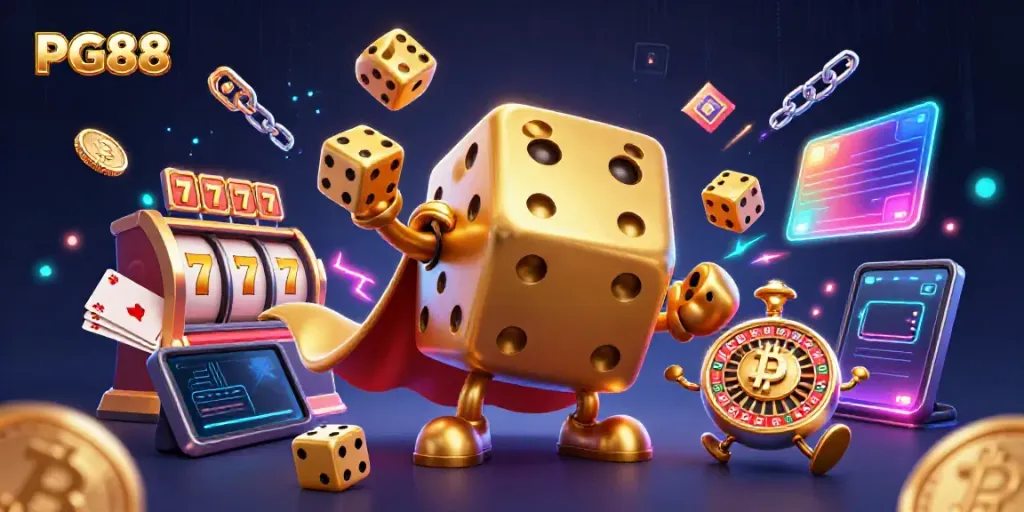 Engage with PG88 through a vibrant 3D casino scene featuring golden dice, Bitcoin coins, and slot elements.