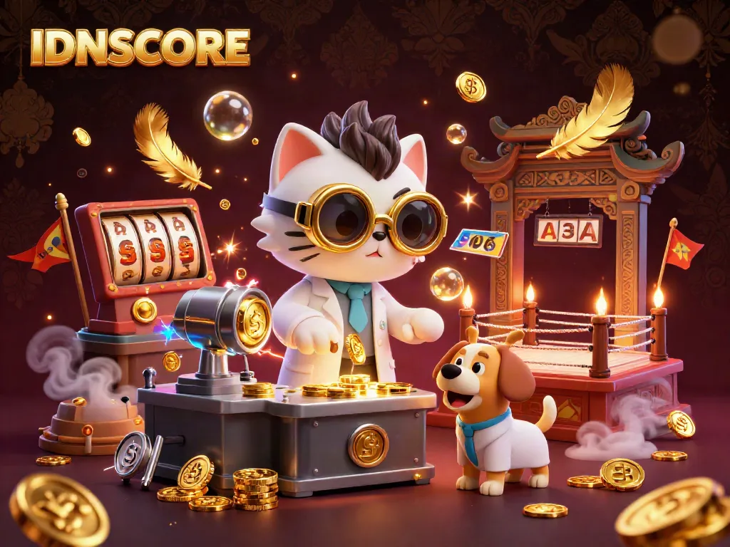 Experience IDNSCORE's thrilling adventure with a mad scientist cat in a bustling casino atmosphere.