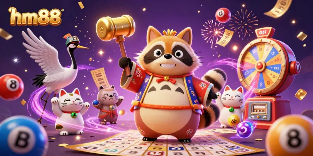 Experience the excitement of hm88 with cheerful tanuki and lucky symbols in a vibrant casino scene.
