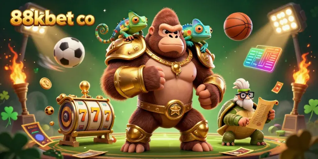 Bet on exciting slot adventures with 88kbet co's dynamic 3D casino illustration featuring a confident gorilla king.
