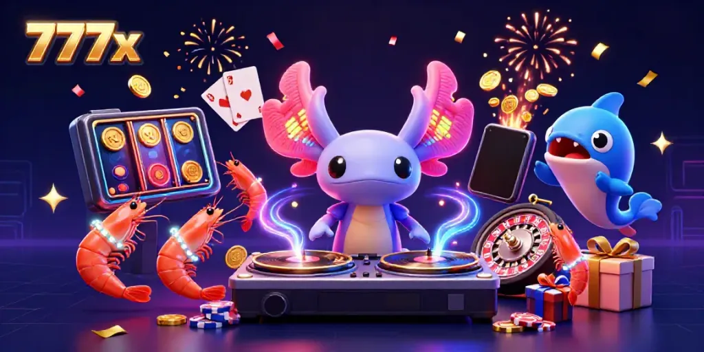 Experience the vibrant energy of 777x with a neon axolotl DJ and celebrating sea creatures amidst casino elements.