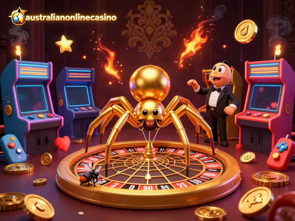 Experience thrilling gameplay with australianonlinecasino's 3D dynamic roulette wheel, golden spider character, and exciting game elements.