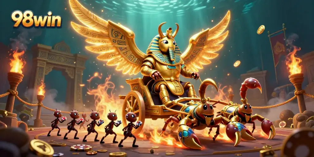 Join the excitement at 98win with illustrious casino battles featuring golden characters and vibrant scenes.