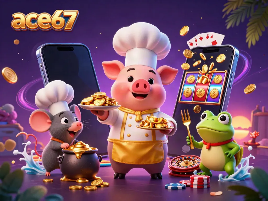 Experience the fun of ace67 with a vibrant illustration featuring cartoon characters, gold coins, and dynamic casino elements.