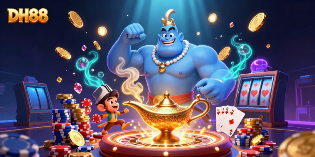 Engage with exciting DH88 casino games featuring a blue genie, poker chips, and vibrant animations.