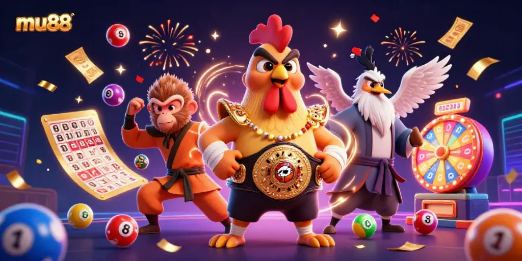 Experience thrilling moments at mu88 with a vibrant 3D illustration of casino characters and dynamic game elements.