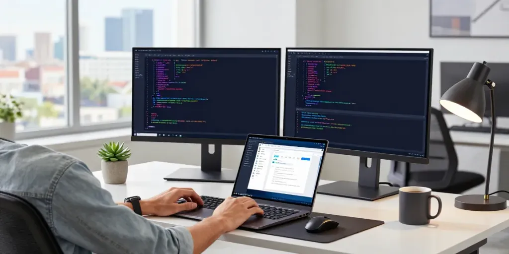A developer's workspace showcasing Notepad++ coding environment at https://notepad-app.co/, featuring dual monitors, laptop, and coffee.