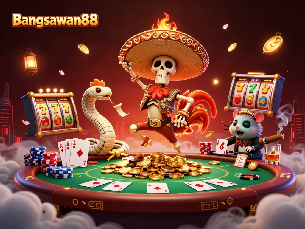 Bangsawan88 brings thrilling slot excitement alive with a victory dance of a mariachi rooster, surrounded by colorful game elements.