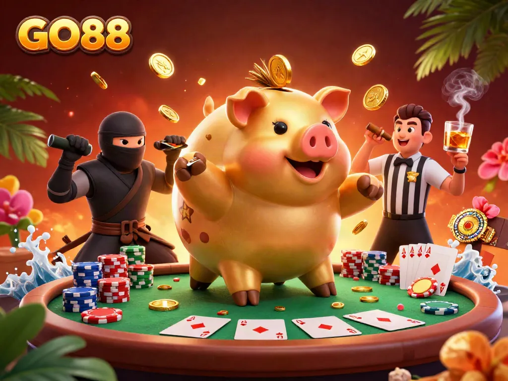 GO88 piggy bank sumo wrestler shocks the scene, surrounded by exciting poker elements.