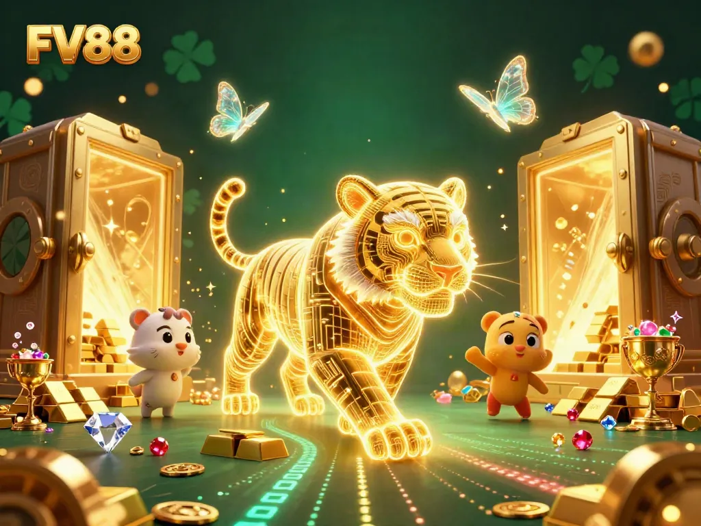 Experience thrilling gaming at FV88 with a neon tiger and dazzling treasures in a digital casino.