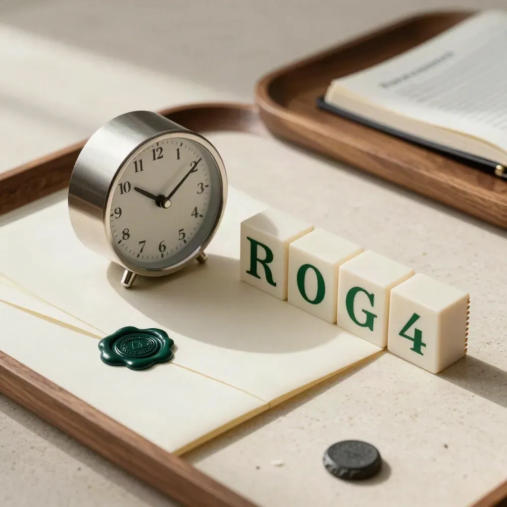 Clock, sealed pension dossier, and turned calendar blocks on travertine in soft daylight.