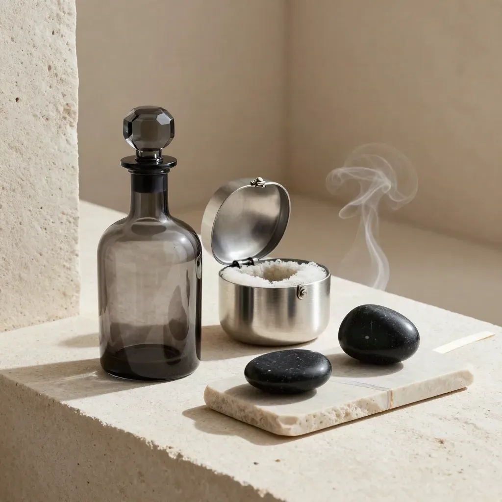 Smoked-glass decanter, open silver case, and two black stones on limestone in warm window light.