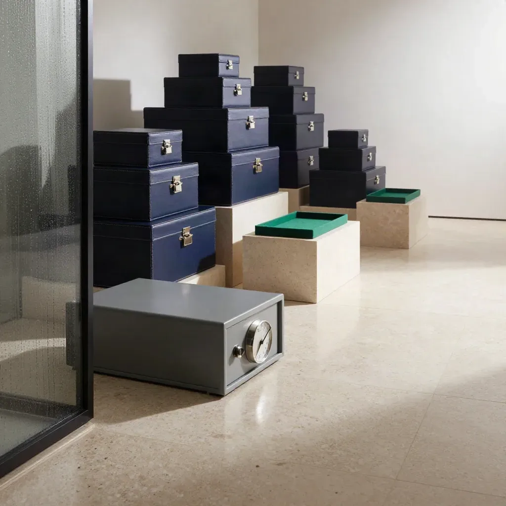 Private wealth-suite interior with safe, navy portfolio boxes, brushed-silver clock and rain haze.