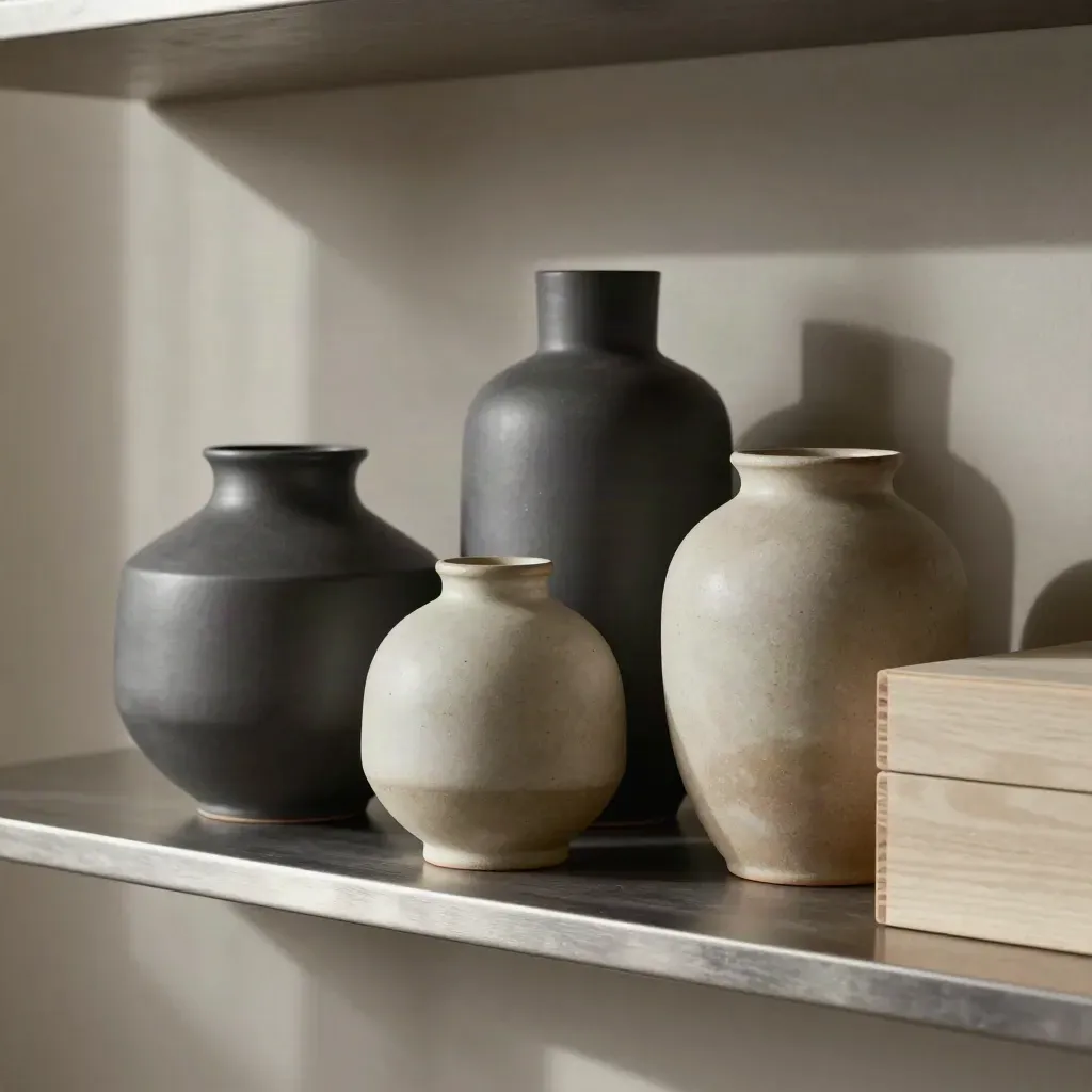 Three ceramic vessels, steel bar, and wood box on a shelf in warm late light.