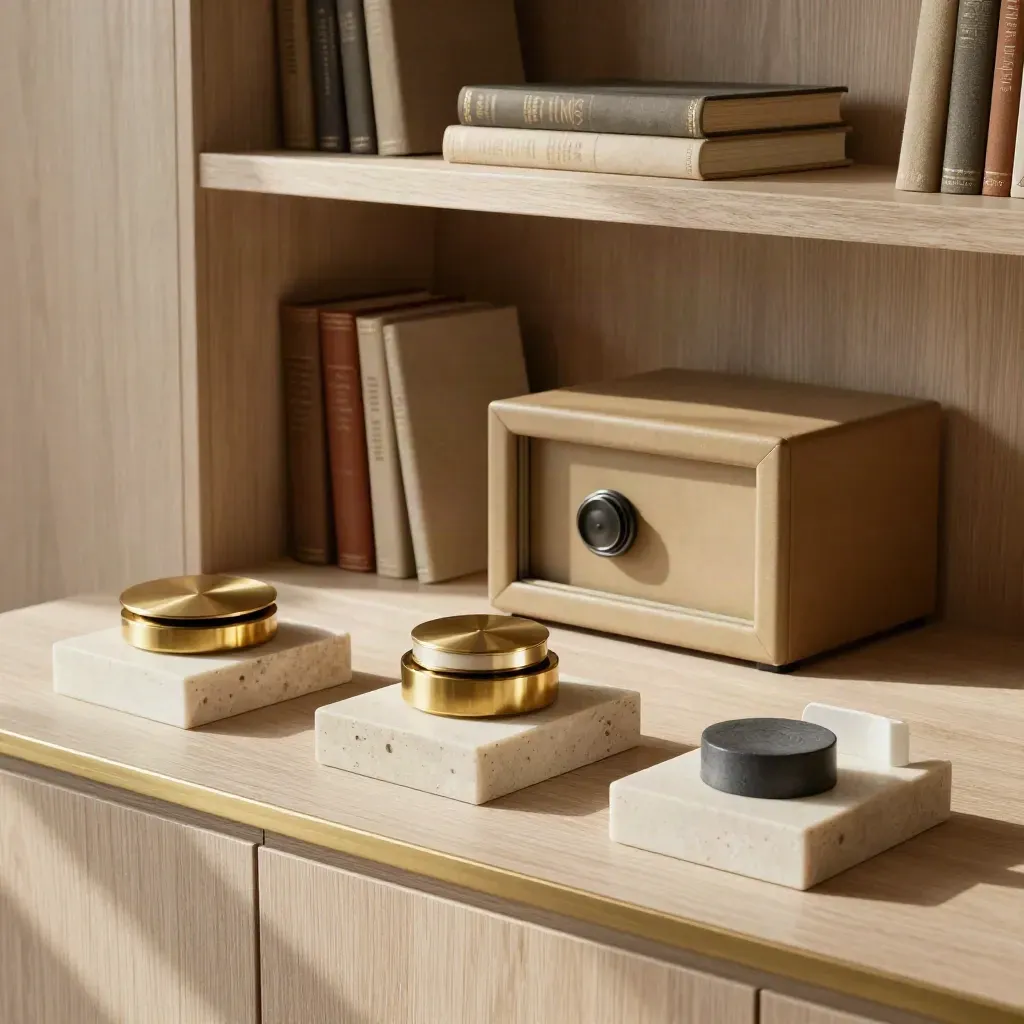 Minimalist library still life with travertine and brass objects, leather folio, and inset safe.