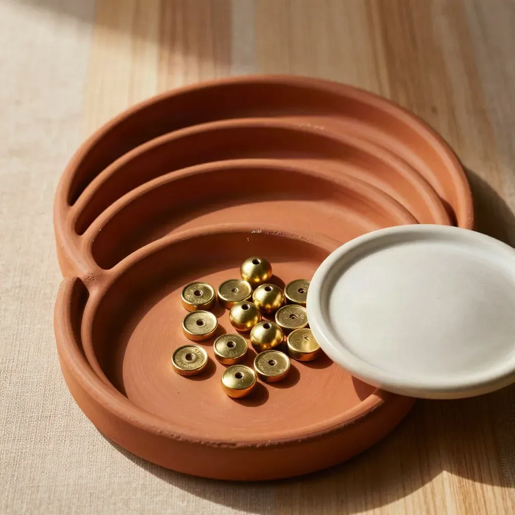 Overhead macro of terracotta trays, brass tally beads, and an empty ceramic coin dish.