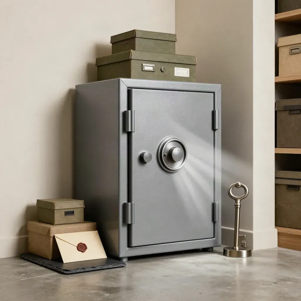 Closed steel safe with archival boxes, wax-sealed envelope and key in a moody archive corner.