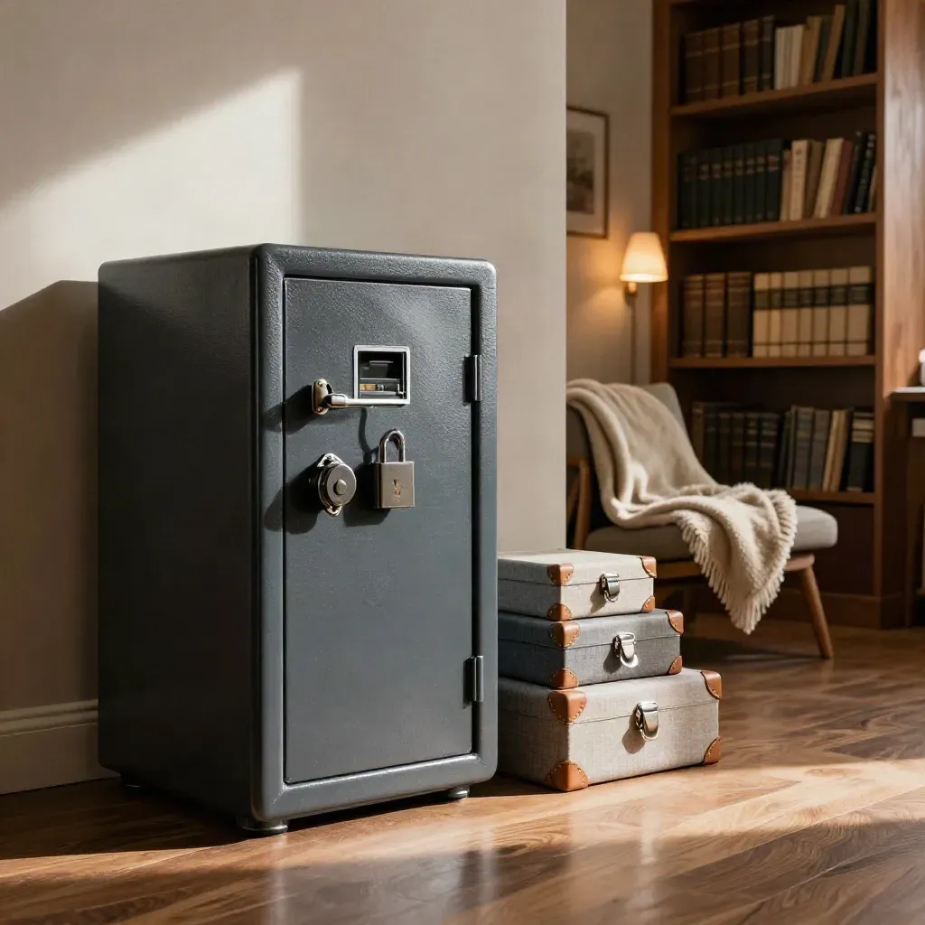 Fireproof safe, closed asset boxes, and a wool-draped reading nook in a sunlit apartment library