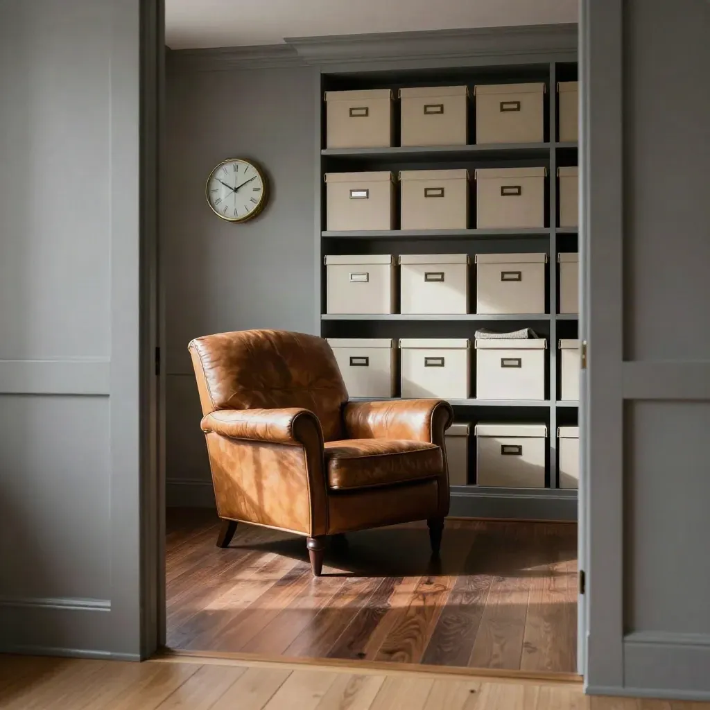 Quiet study with leather armchair, wall clock, and sealed archive boxes on shelves.