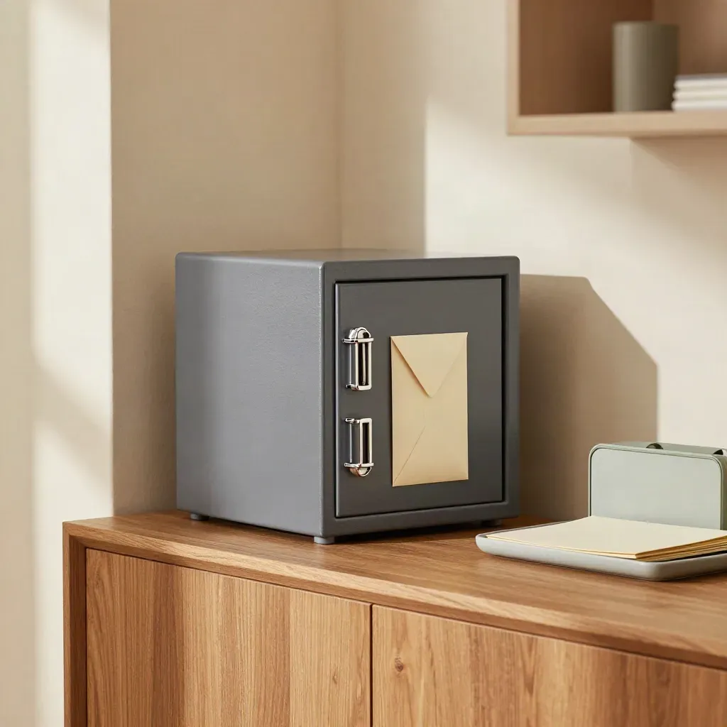 Warm sideboard with a document safe, cash envelope, and medical carry case in window light.