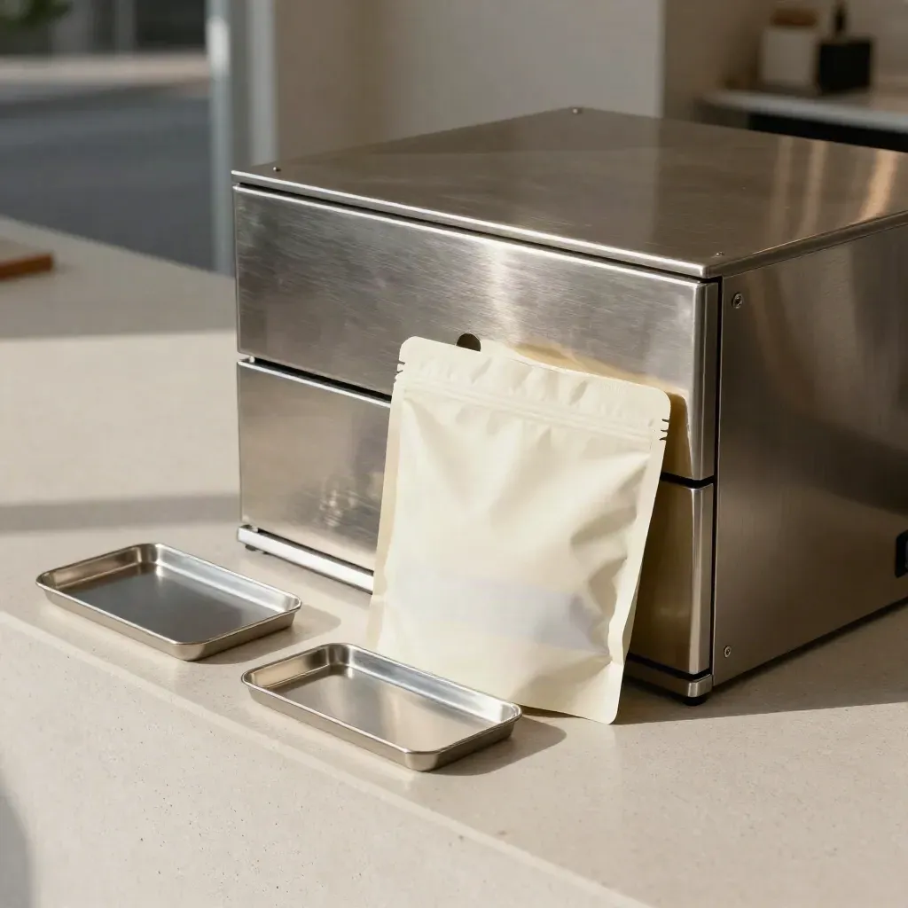 Closed cash drawer with deposit pouches and metal trays on a tidy retail counter.