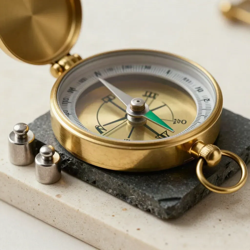 Brass compass on dark stone beside two metal weights, with an emerald glint.