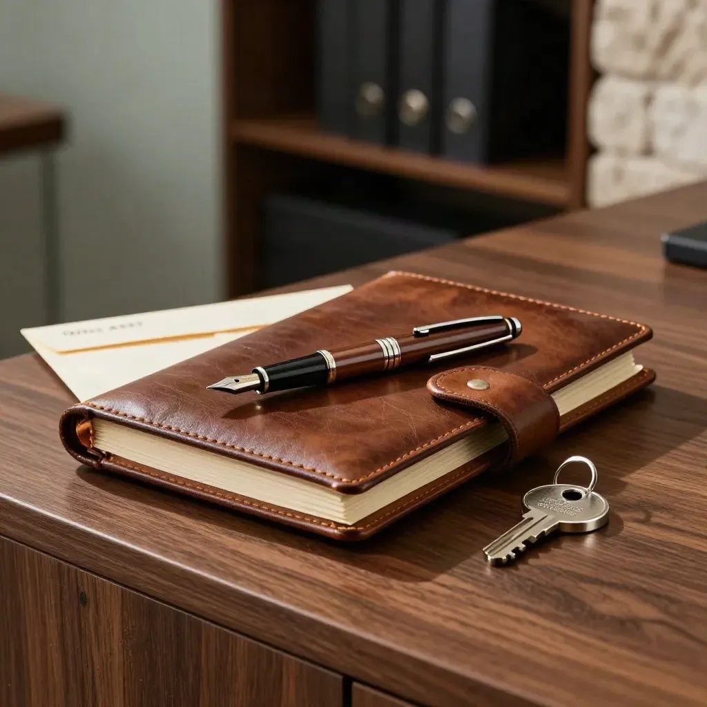 Closed leather folio with pen, sealed cash envelope and silver key on a walnut credenza.