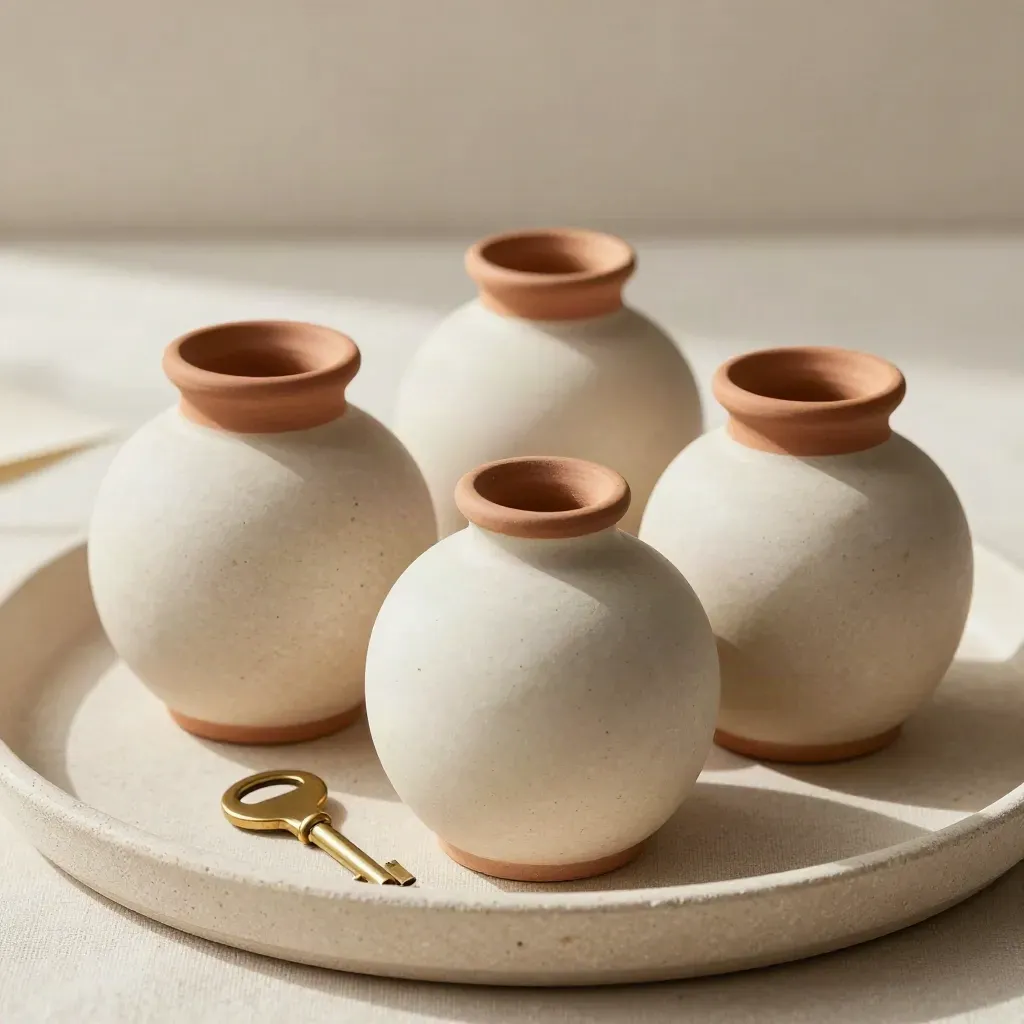 Ceramic vessels and brass key on linen-lined cream stone tray