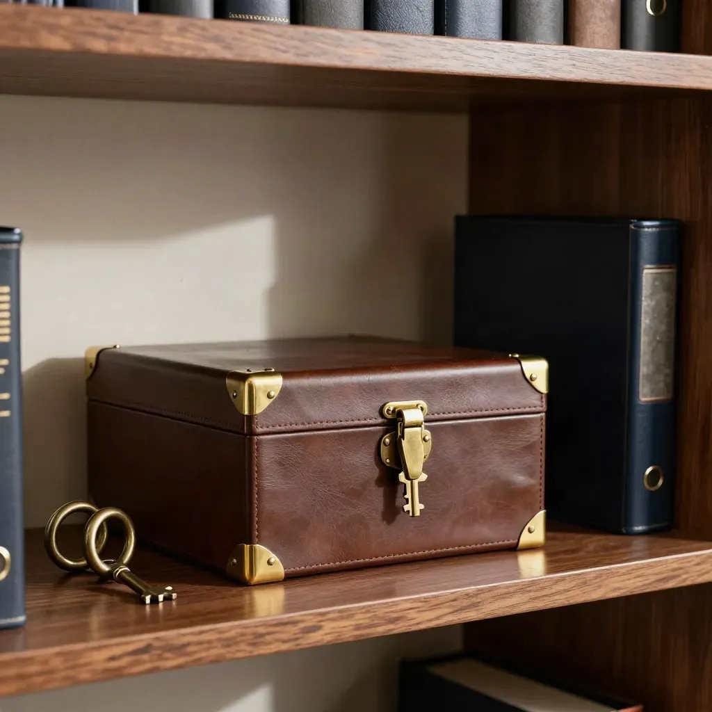 Locked archive box, brass key, and bronze rings sculpture on a polished shelf.