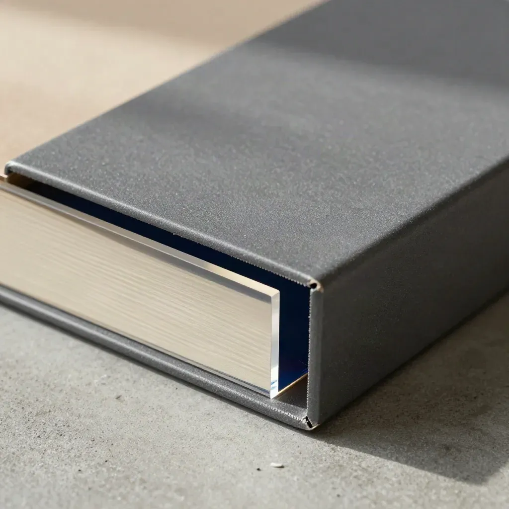 Graphite ledger-box, stone chips and acrylic divider in a calm macro finance still life.