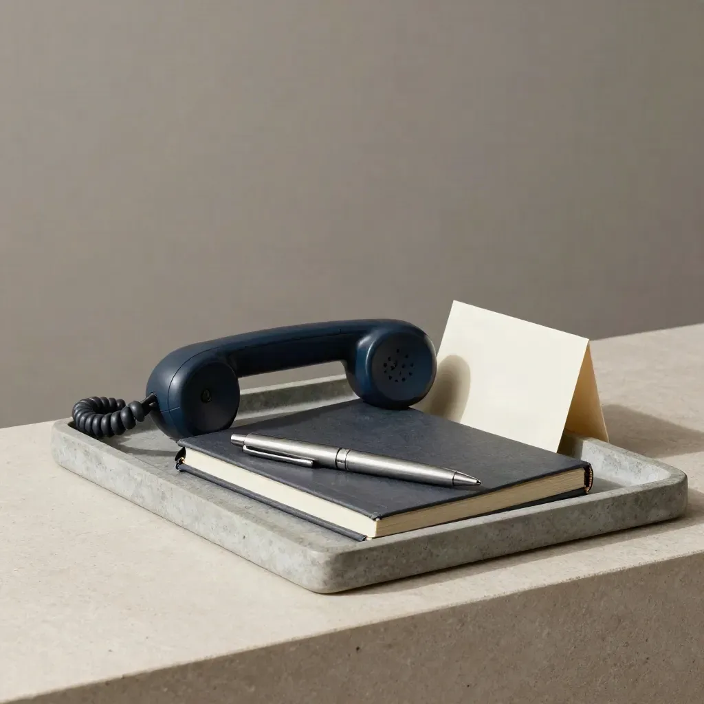 Muted navy handset, closed notebook and silver pen on a stone tray in soft side light.