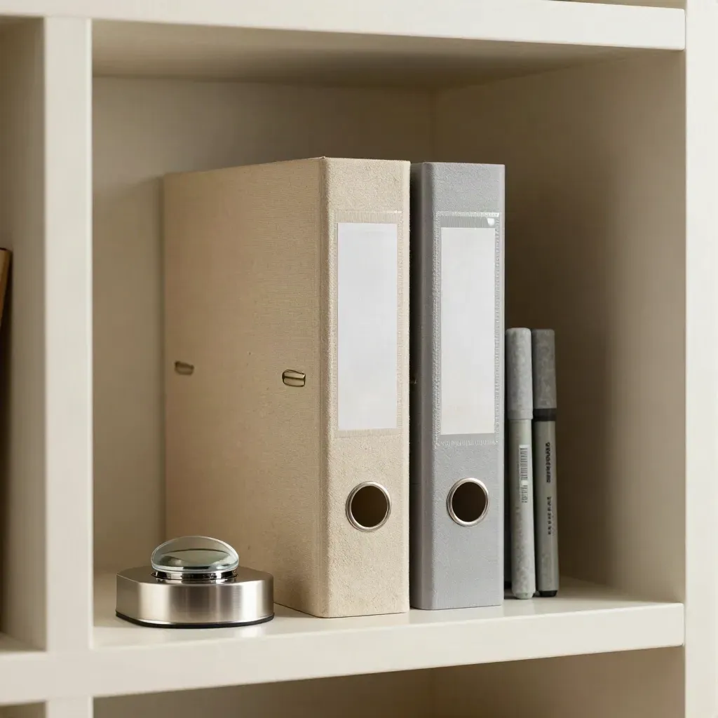 Closed binders, silver paperweight, and two stone markers on a pale shelf.