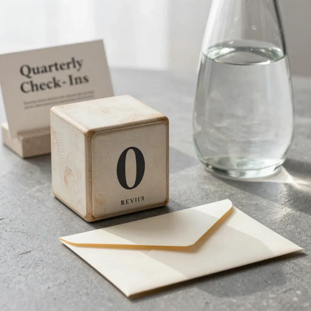 Calendar cube, sealed note envelope and glass carafe on a stone desk for quarterly check-ins.