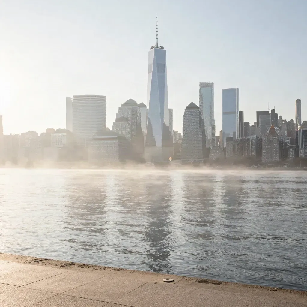 Lower Manhattan skyline at dawn over calm silver river haze