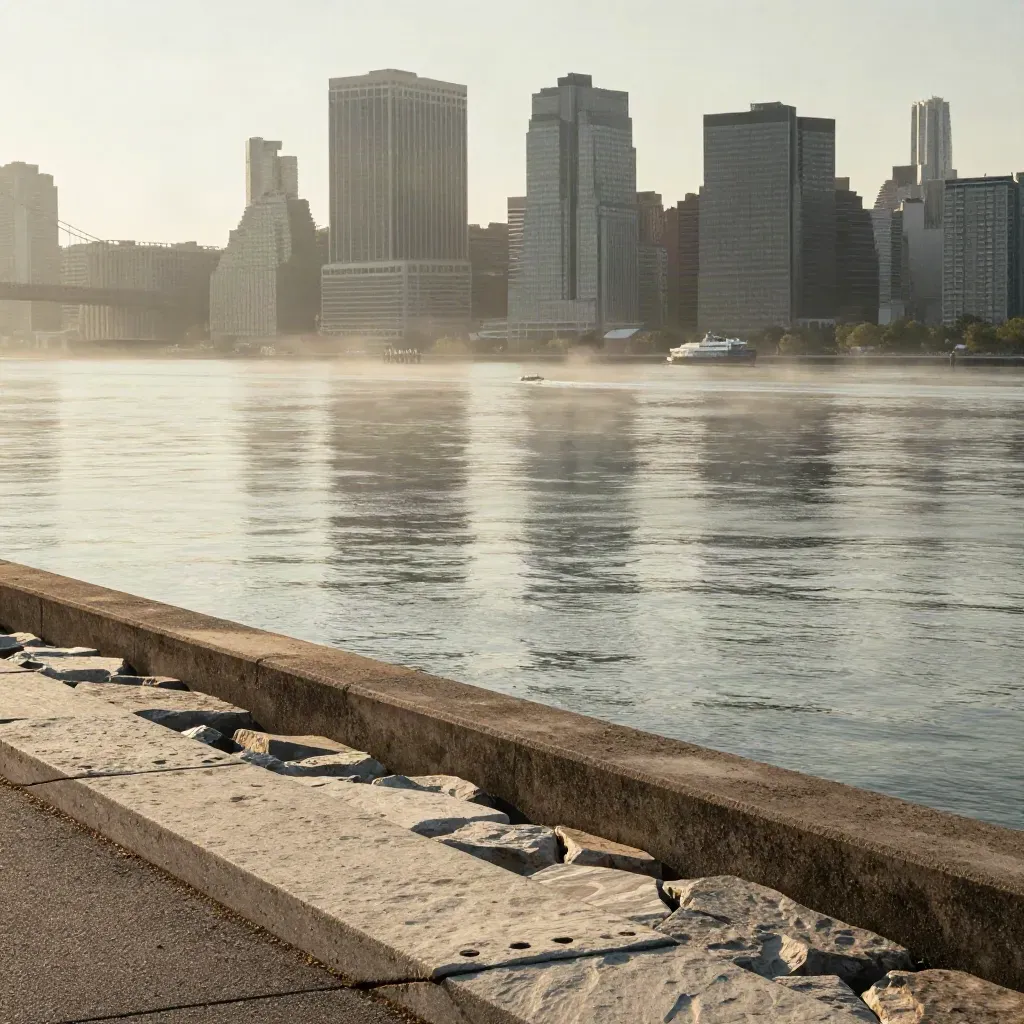 Jersey City skyline above a hazy Hudson River with calm water and blurred reflections.