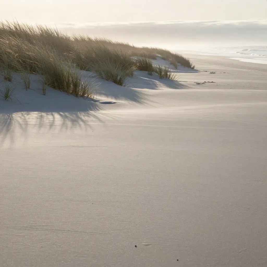 Foggy Long Island dune beach with pale sand, beach grass, and a low Atlantic horizon.