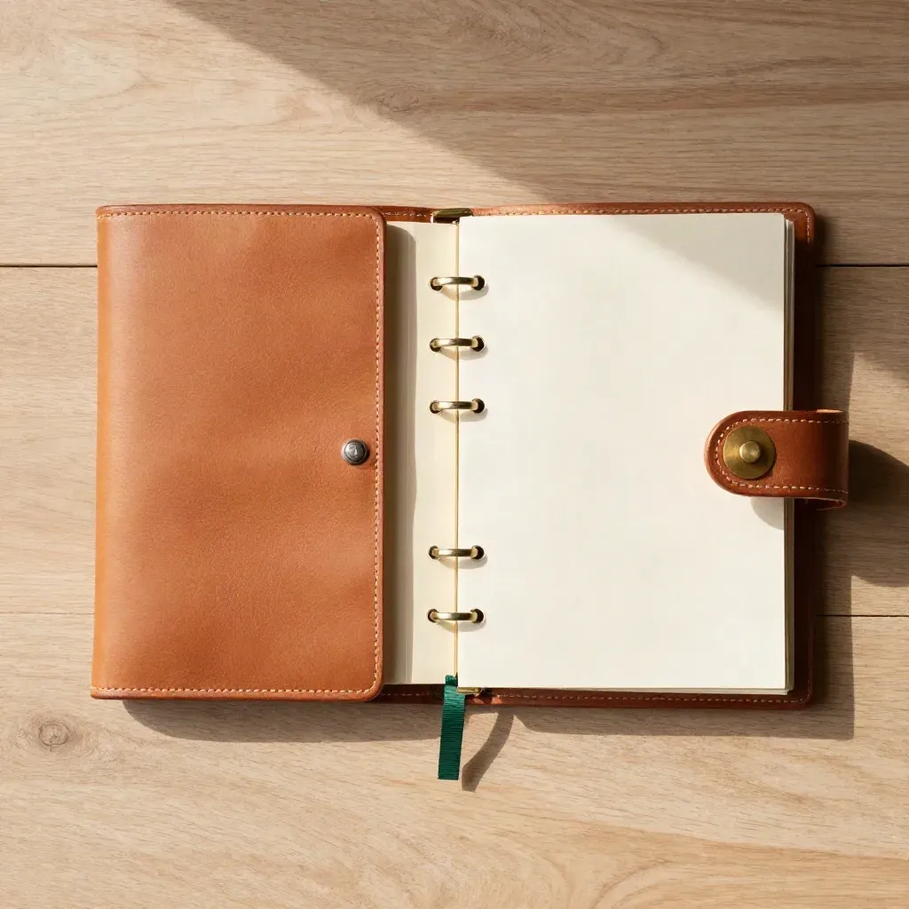 Leather folio, tabbed dividers and a brass direction dial on pale wood, overhead with soft light.
