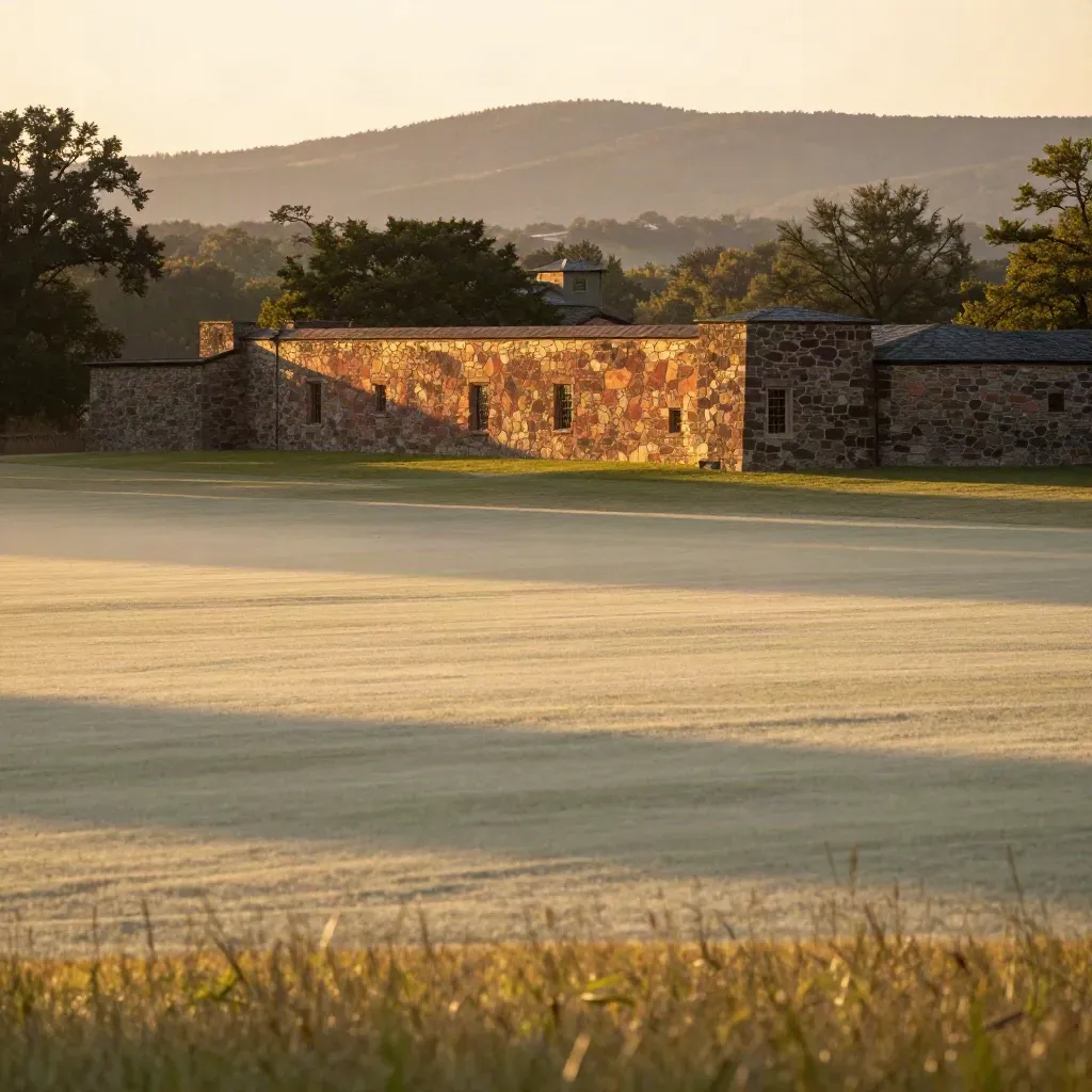 Golden-hour Hudson Valley overlook with stone wall, trees, hills, and haze