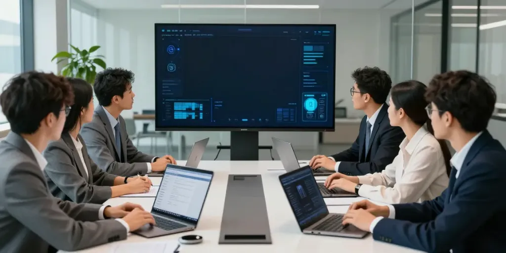 Deepfake protected meetings with diverse professionals collaborating around a conference table, showcasing security graphics on a large screen.
