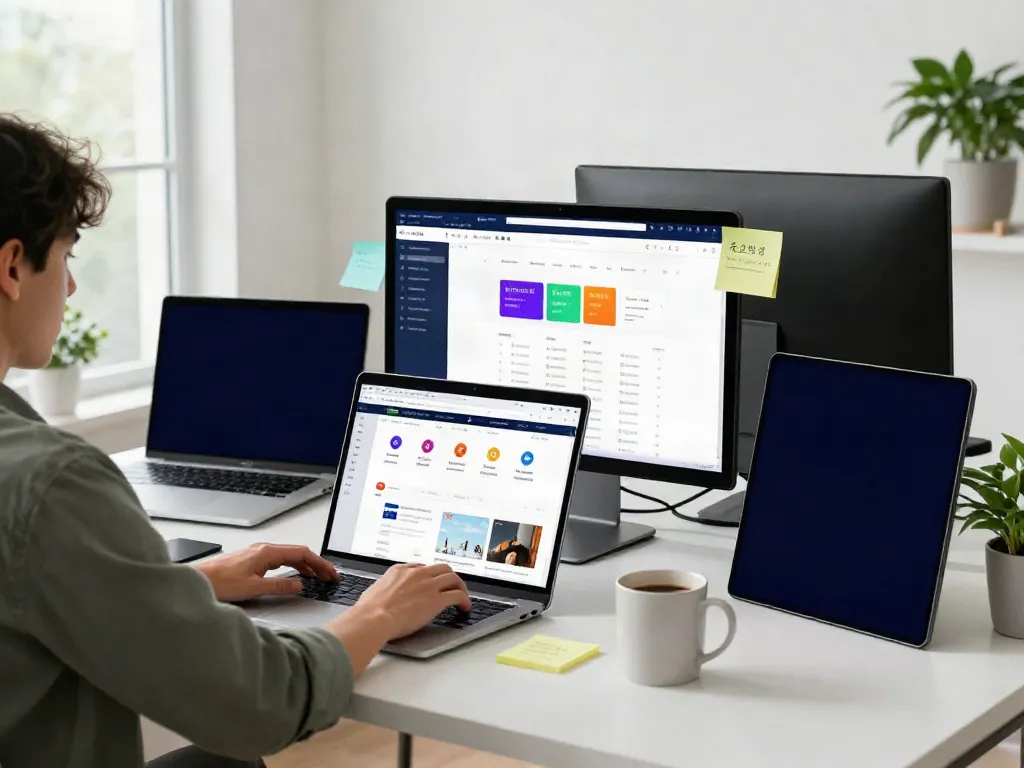 Person using 주소모음 platform at a modern desk with multiple screens displaying website links.