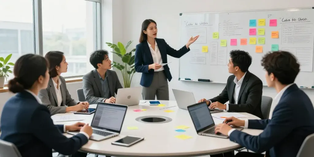 Business team collaborating on AI tools for calls to action in a modern office.
