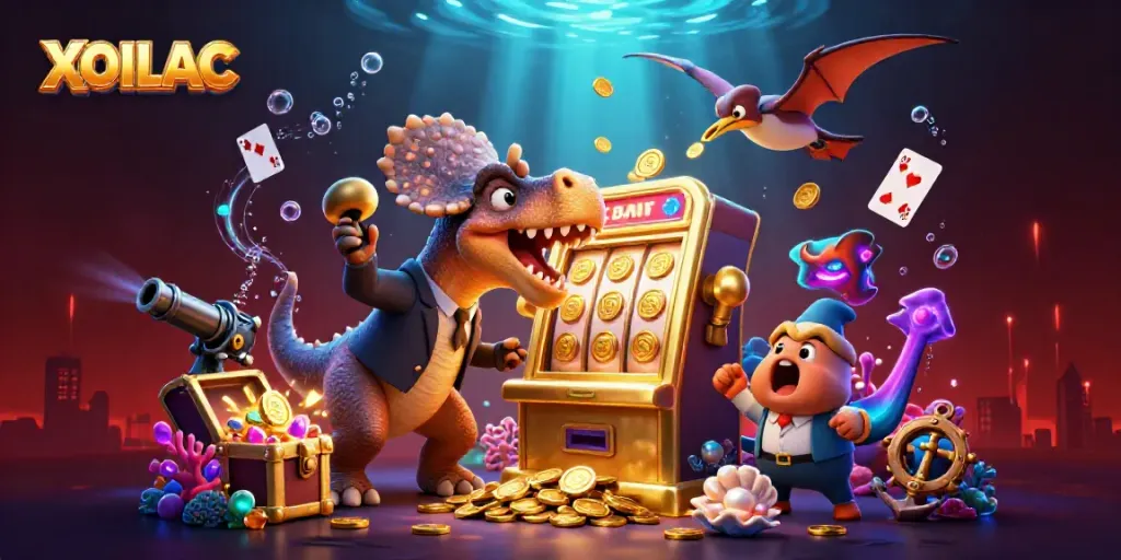 Experience massive winnings with XOILAC as a pachycephalosaurus hits a slot machine while coins rain down.