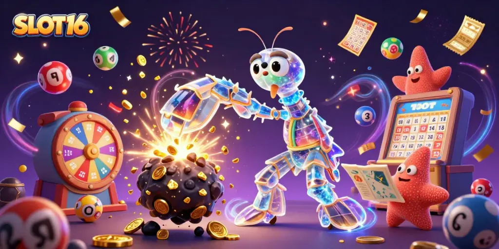 SLOT16 showcases a vibrant casino scene with a galactic samurai mantis shrimp amidst an explosion of golden gems and coins.