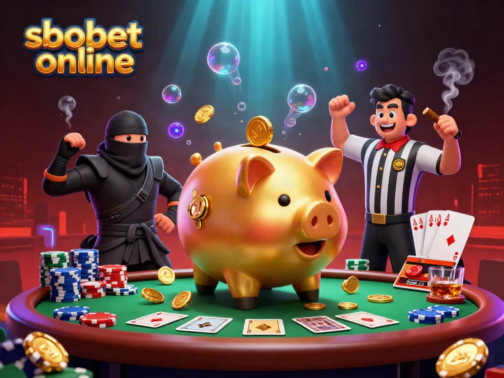 Engage in sbobet online betting with energetic characters and casino elements in a vibrant scene.