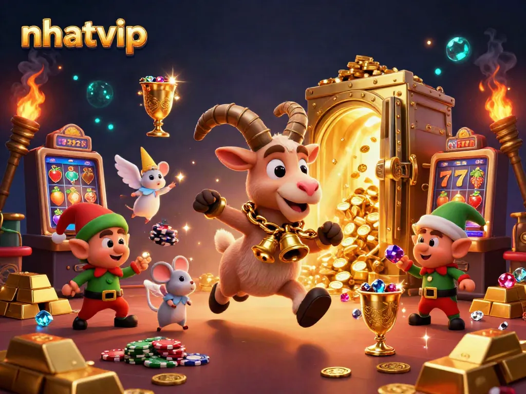 Nhatvip casino scene with Krampus goat, angel mouse, and elf gremlins amidst golden treasures.