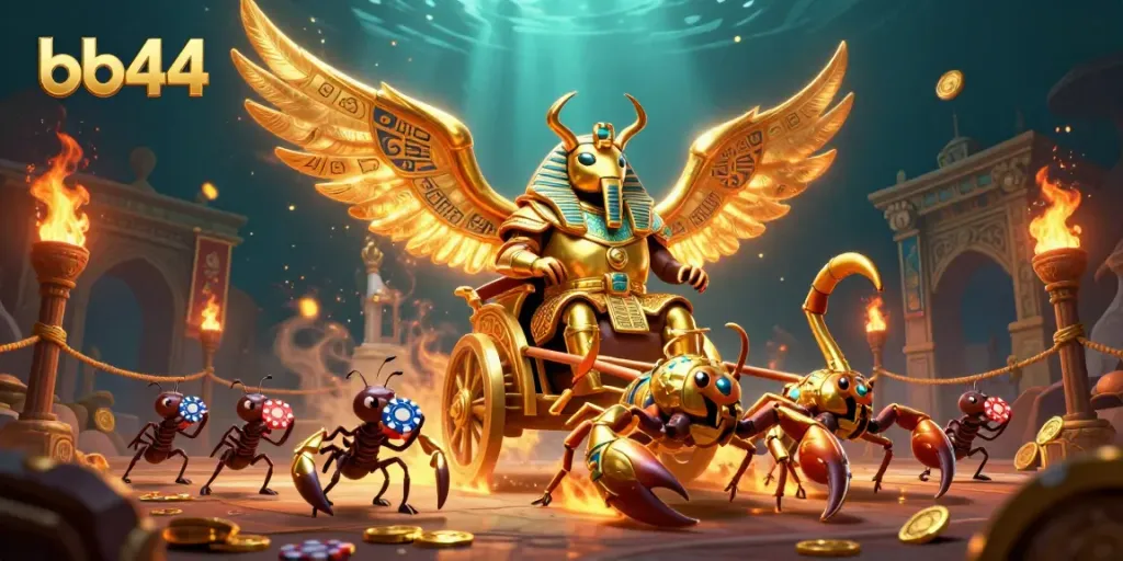 Experience thrilling casino battles in bb44 with a colossal golden scarab and scorpions in action.