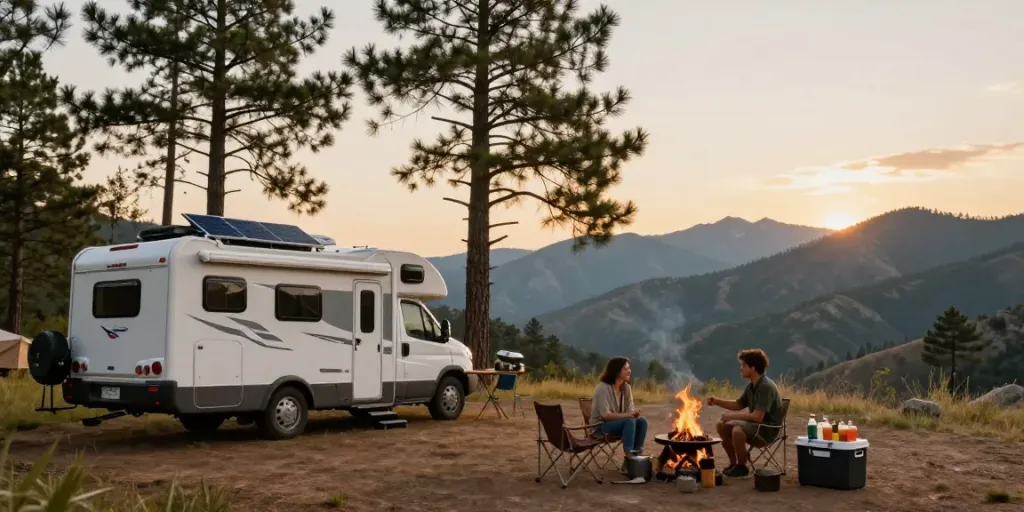 Lithium battery for RV powering off-grid campsite with solar panels.