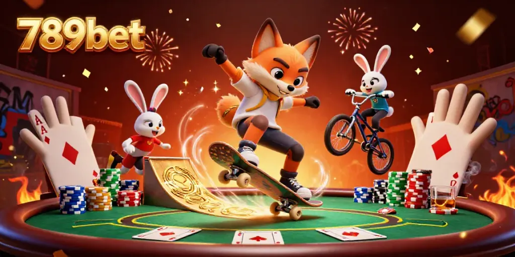 Experience excitement with 789bet as a cartoon fox kicks over golden poker chips in a dynamic casino scene.