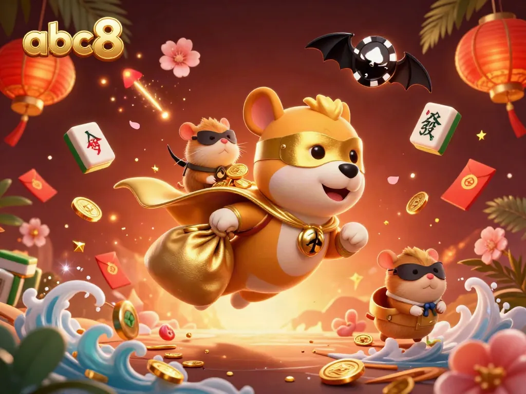 Experience the thrills of abc8 casino gaming with a vibrant 3D illustration showcasing a superhero dog and gambling elements.
