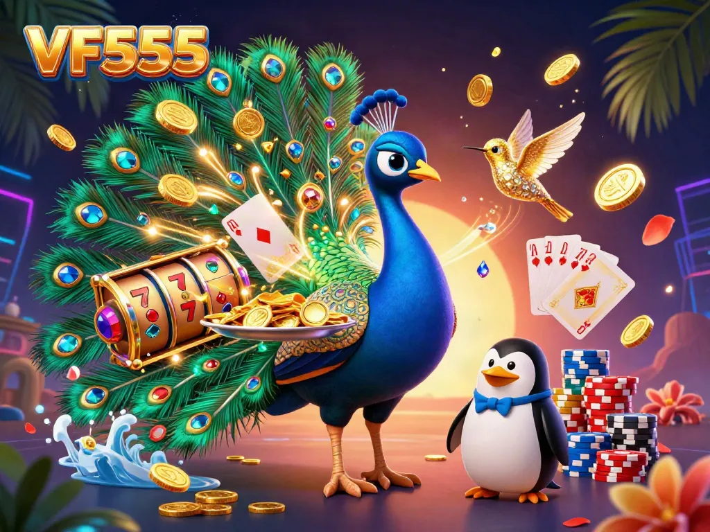 Engage with VF555 slot machine featuring colorful chips and dynamic casino elements.